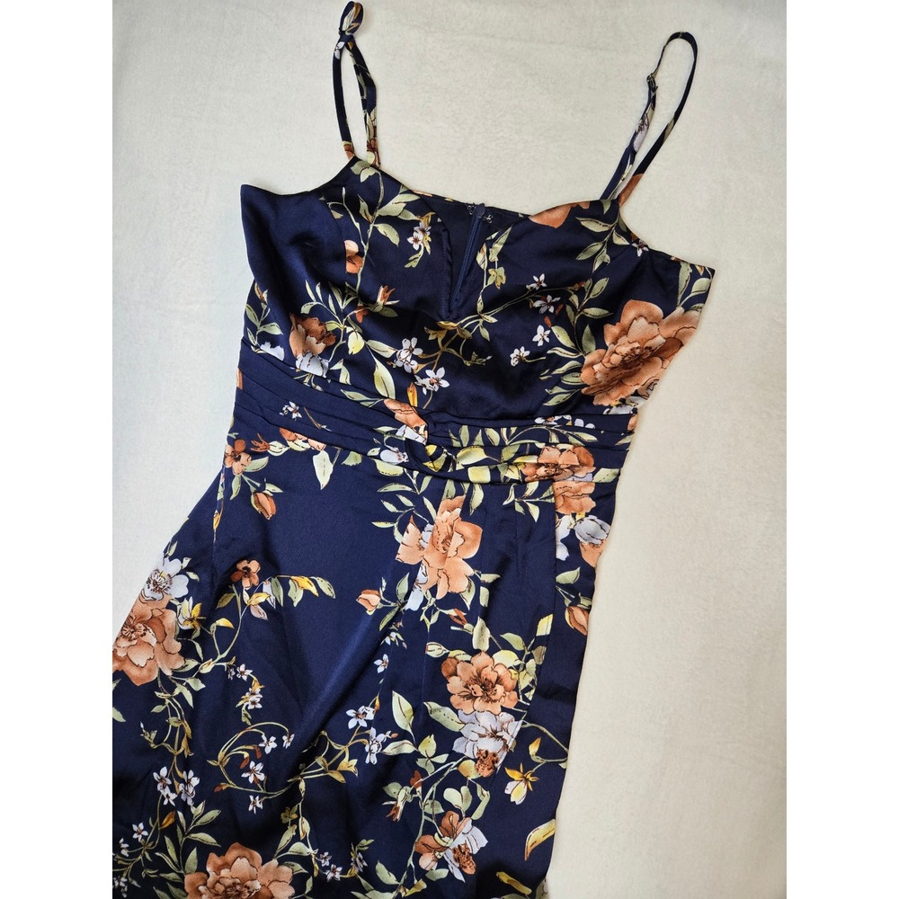 Lulus Navy Blue Floral Satin High-Low Midi Dress Adjustable Straps Size S NWT